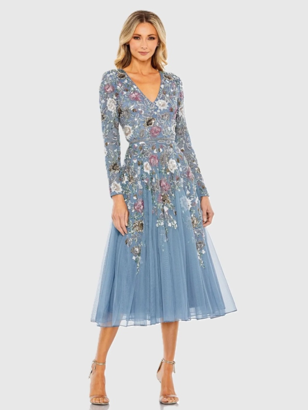 Mac Duggal Blue Hand Embellished Floral V-Neck Long Sleeve Dress 18